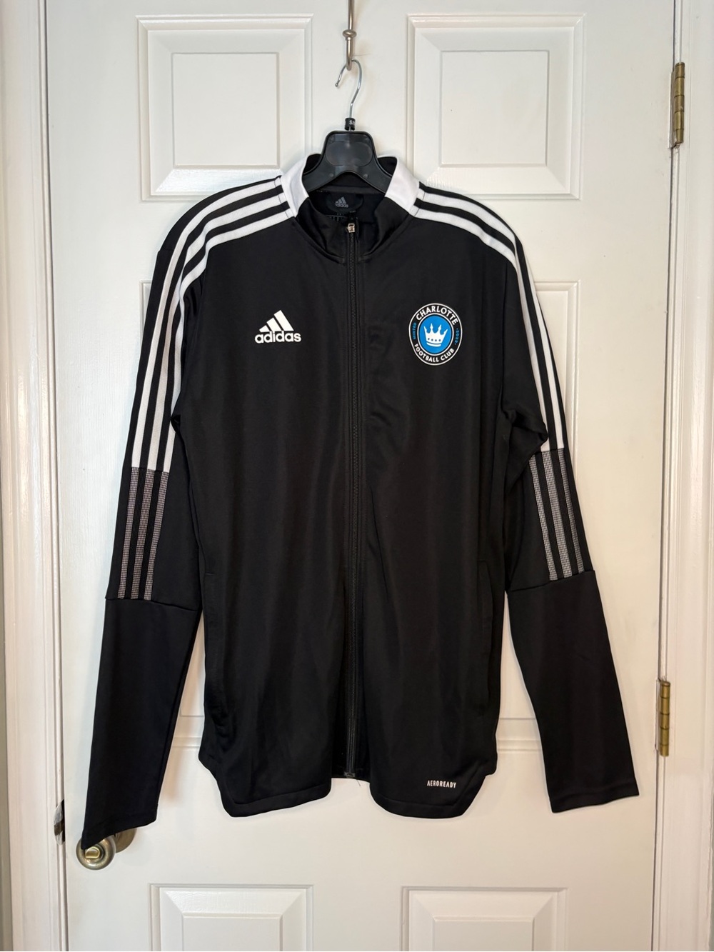 adidas Black Performance full zip Jacket with White Stripes Charlotte FC